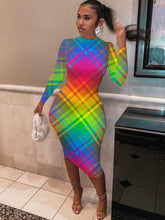 Vestido midi de manga larga con estampado de cuadrícula y teñido anudado